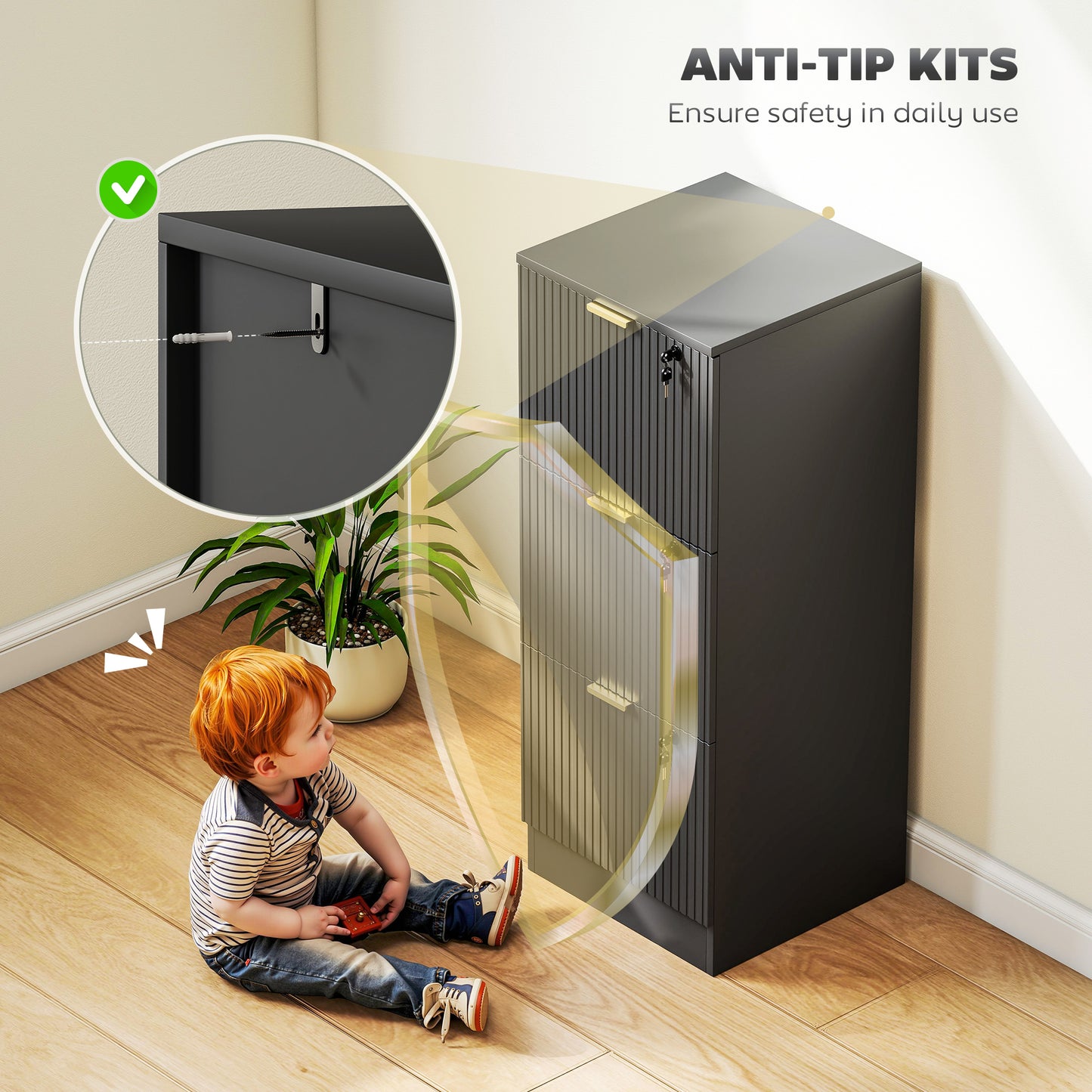Filing Cabinet, Fluted Vertical File Cabinet with 3 Lockable Drawers and Hanging Rails, Black