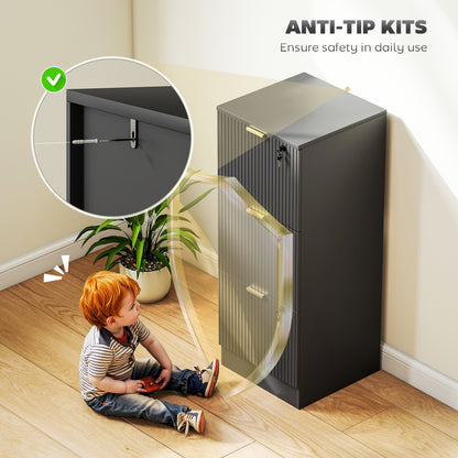 Filing Cabinet, Fluted Vertical File Cabinet with 3 Lockable Drawers and Hanging Rails, Black