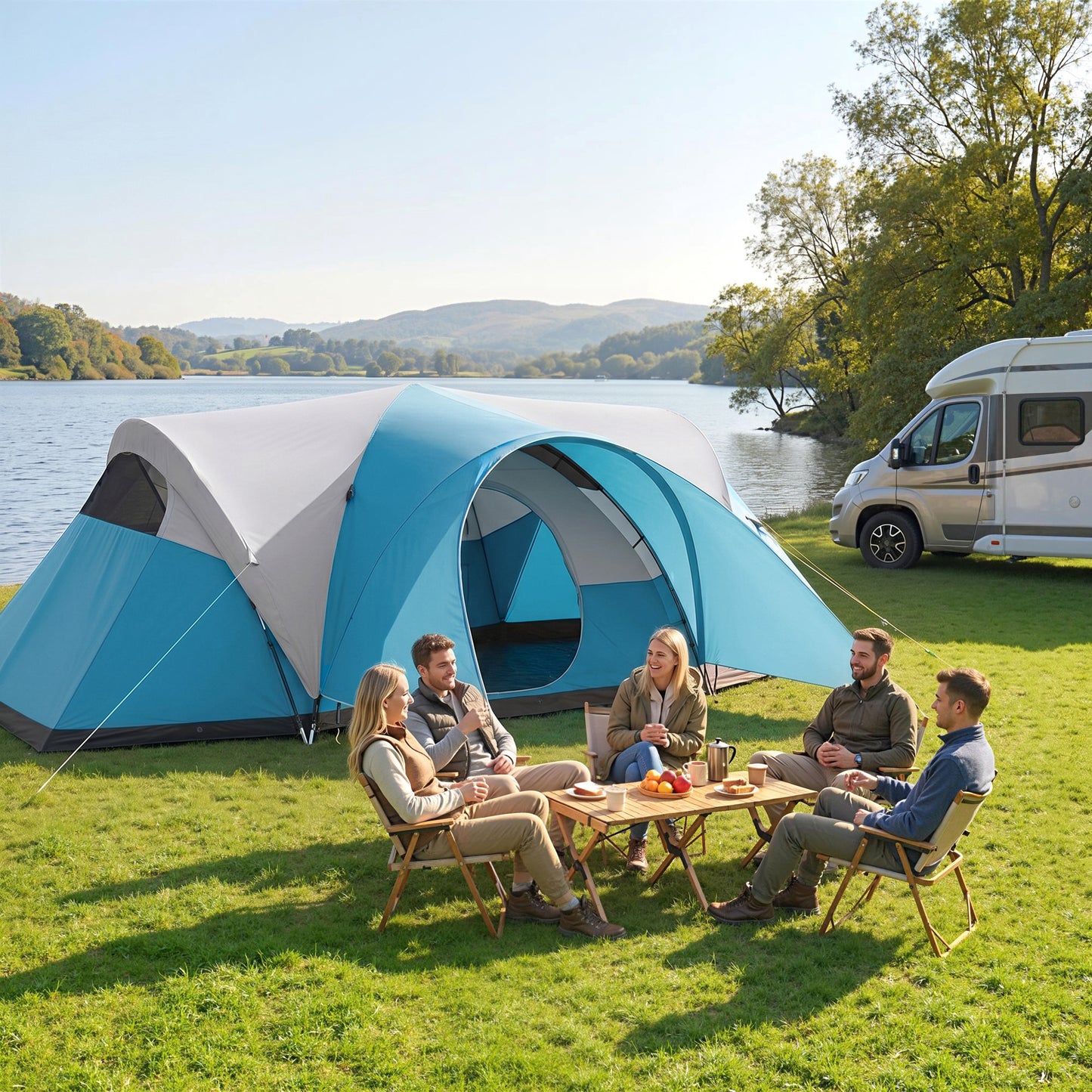 3000mm Waterproof Camping Tent for 7 Man, Family Tent with Porch and Sewn in Groundsheet, Portable with Bag, Blue