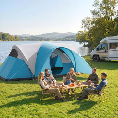 3000mm Waterproof Camping Tent for 7 Man, Family Tent with Porch and Sewn in Groundsheet, Portable with Bag, Blue