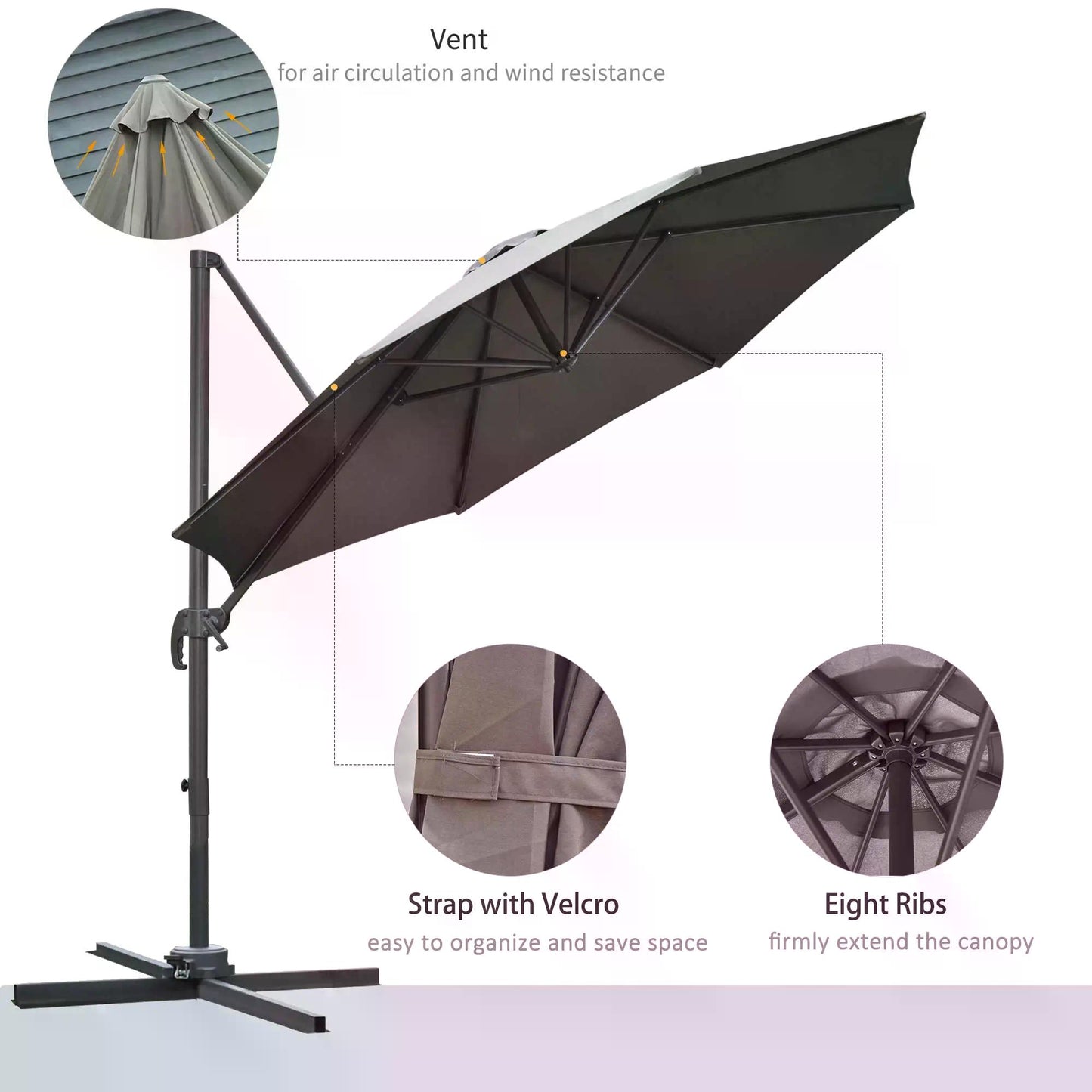 3(m) Offset Parasol Cantilever Hanging Umbrella 360° Rotation w/ Base Dark Grey