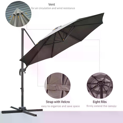 3(m) Offset Parasol Cantilever Hanging Umbrella 360° Rotation w/ Base Dark Grey