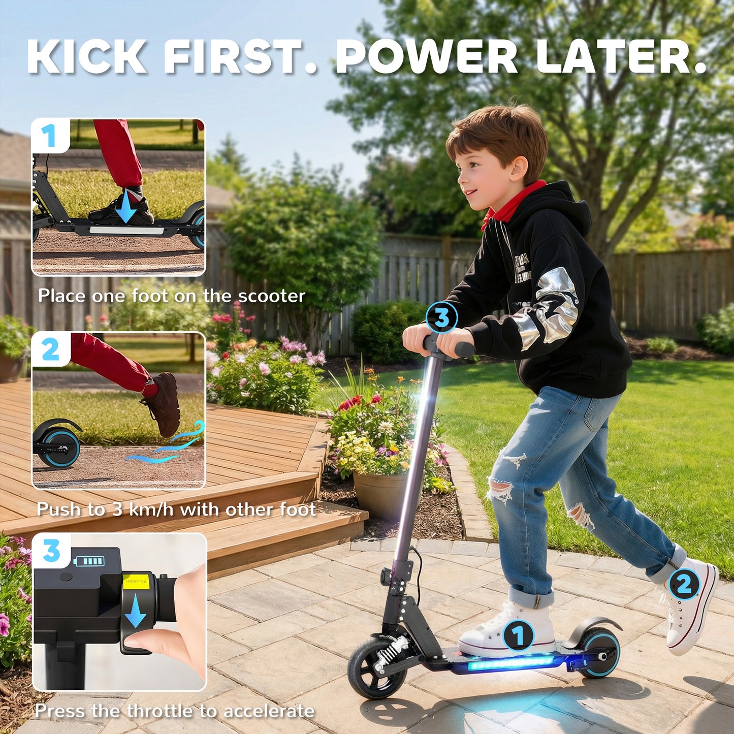 Folding Electric Scooter for Kids, with Dual Brakes, Front Suspension, LED Colourful Lights, Black