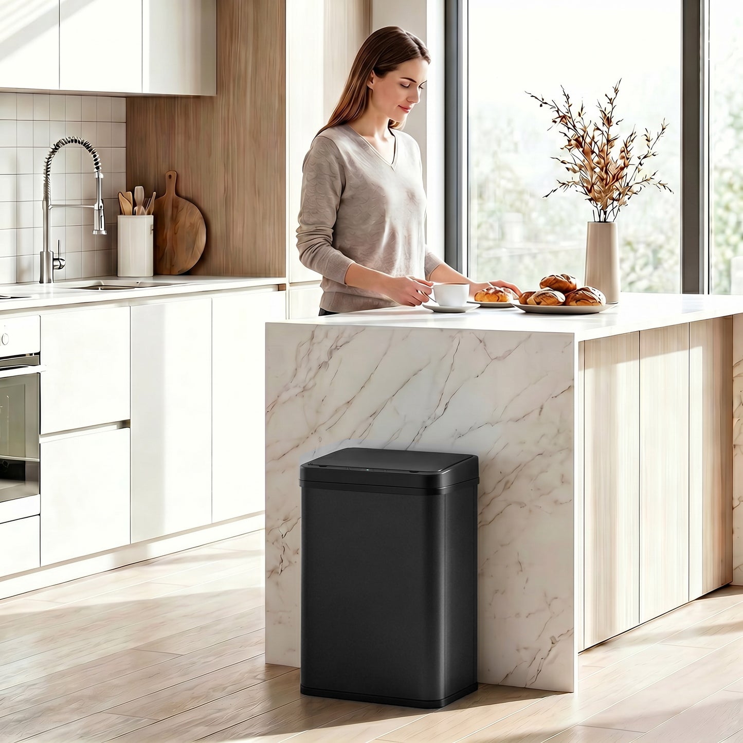 40L Sensor Bin with Soft-Close Lid, Stainless Steel Automatic Touchless Motion Sensor Kitchen Bin, Black