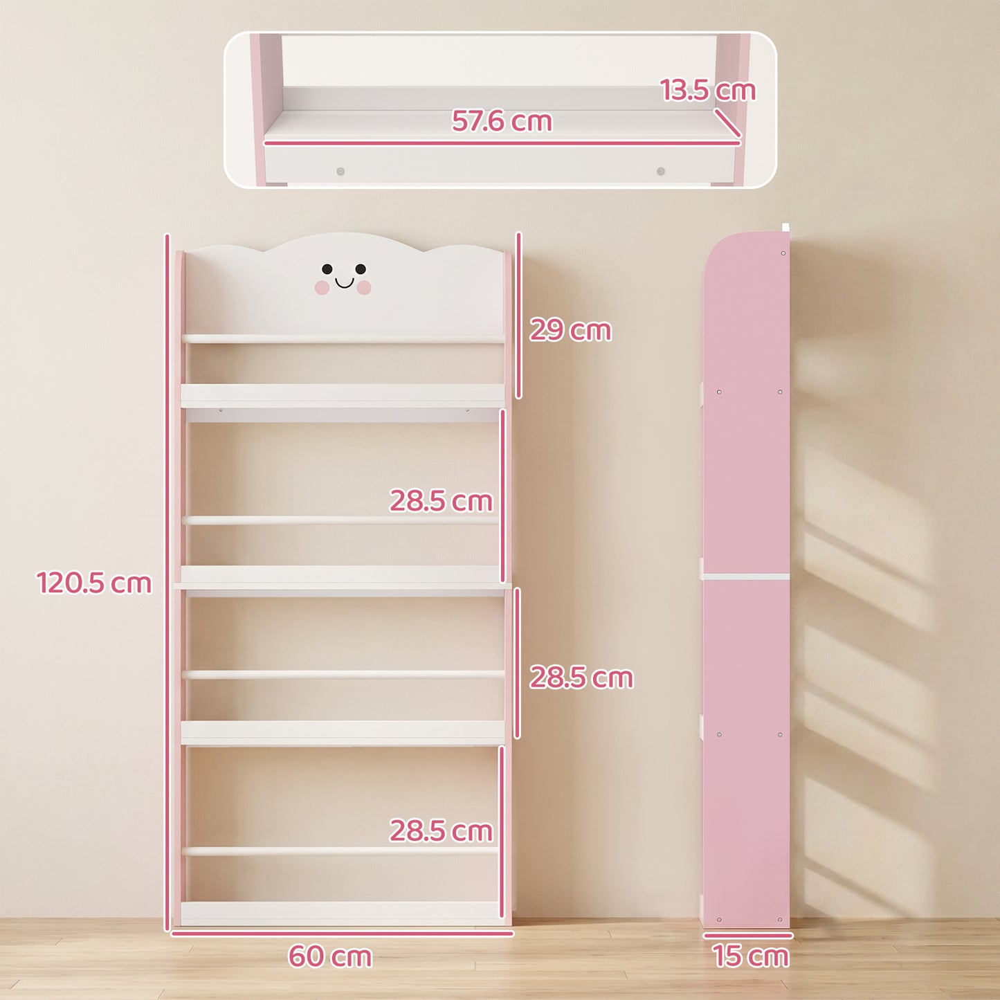 4 Tier Kids Bookshelf, Children Bookcase with Anti-Tip Kit, Toddler Space-Saving Bookcase for Kids Room, Playroom, Pink