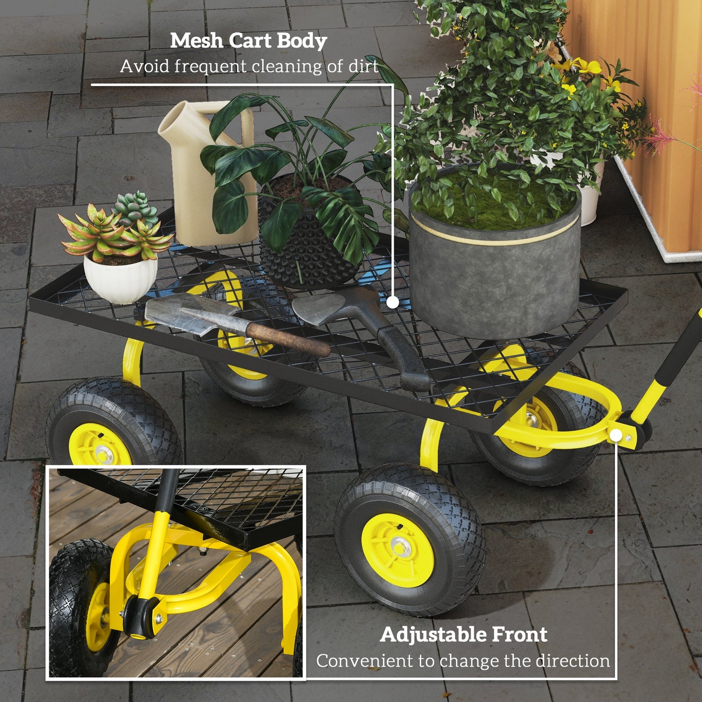 Garden Trolley Cart, Heavy Duty Garden Cart with Metal Frame, 10" Pneumatic Wheels, Rotating Handle, 150kg Capacity