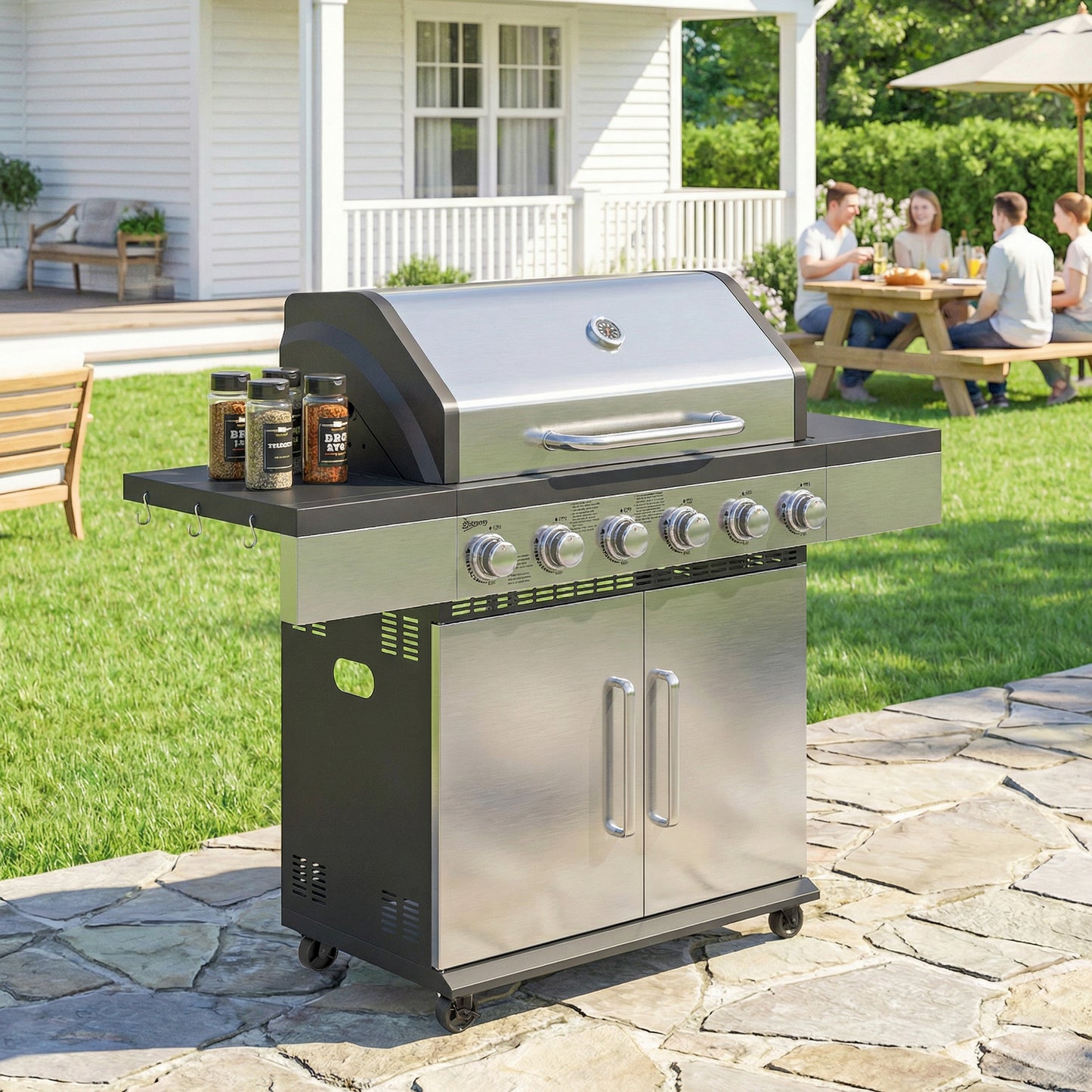 6 Burner Liquid Propane Gas BBQ Grill, Outdoor Portable Gas Barbecue Grill with Warming Rack, Side Tables, Cabinet