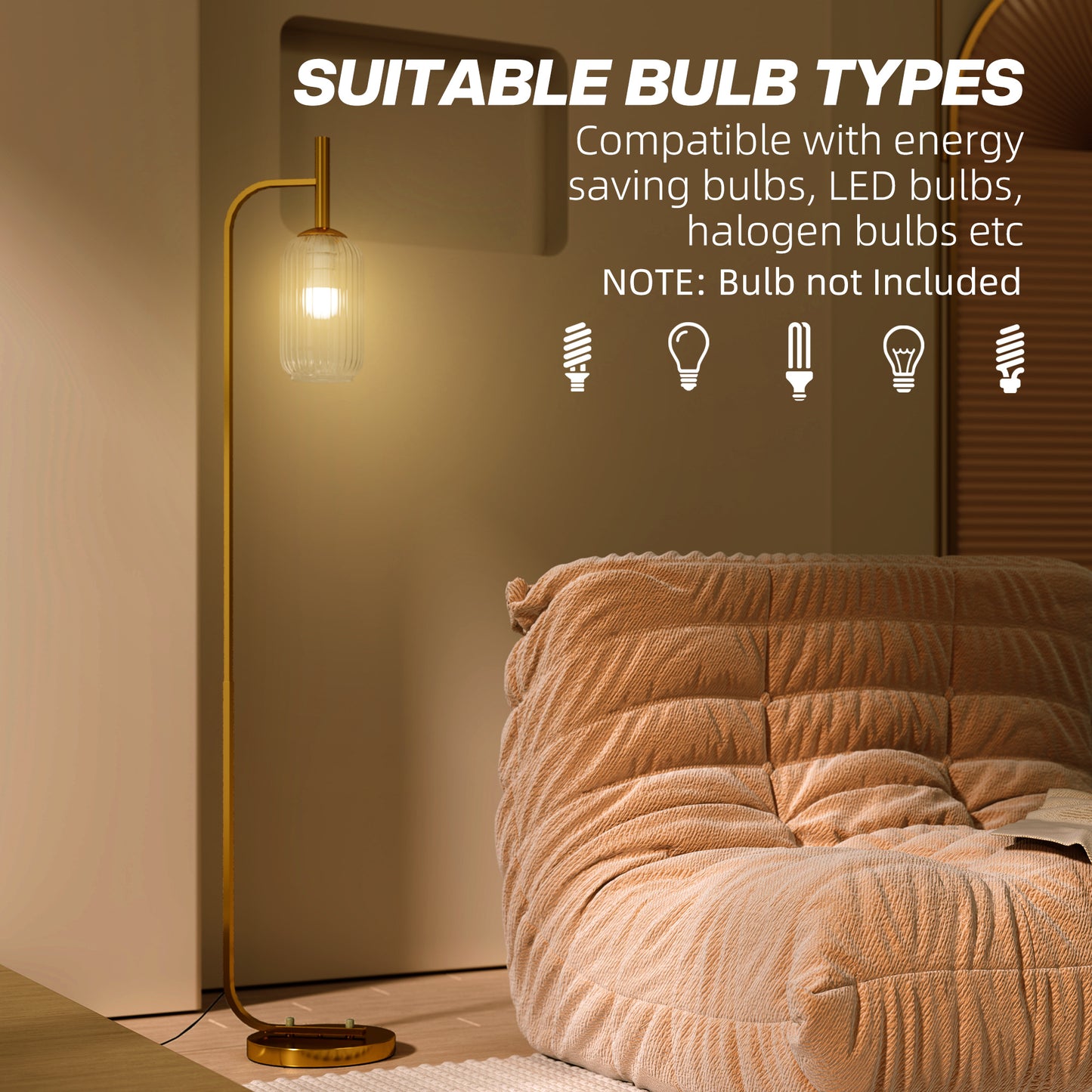 Floor Lamp for Living Room with Glass Lampshade, Modern Standing Lamp with Foot Switch for Bedroom, Bulb not Included