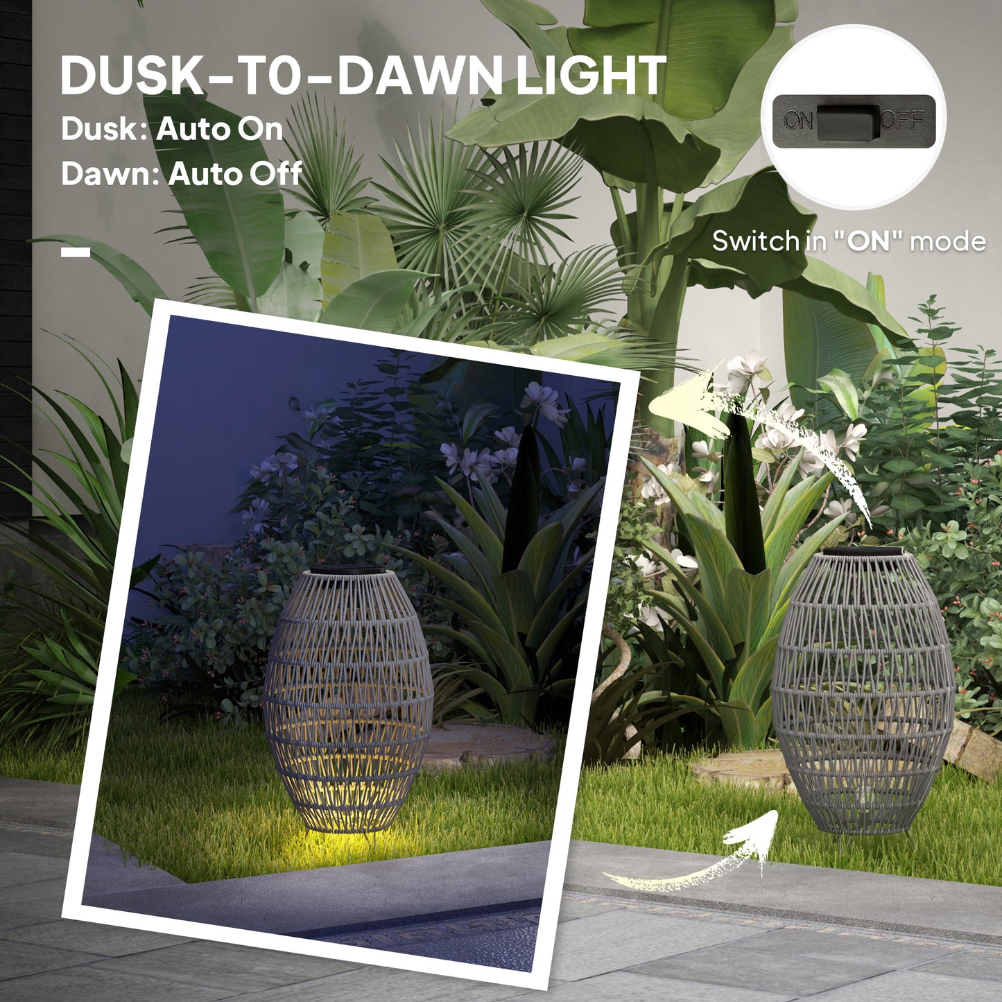 Rattan Solar Lamp, Garden Solar Lantern with Auto On/Off Light, IP44 Waterproof, Decorative Outdoor Rattan Lamp for Porch