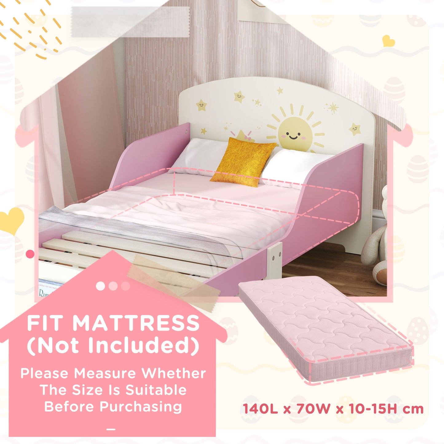 Toddler Bed with Storage, Guardrails, Sun Design, for Ages 3-8 Years, Fits 140 x 70cm Mattress