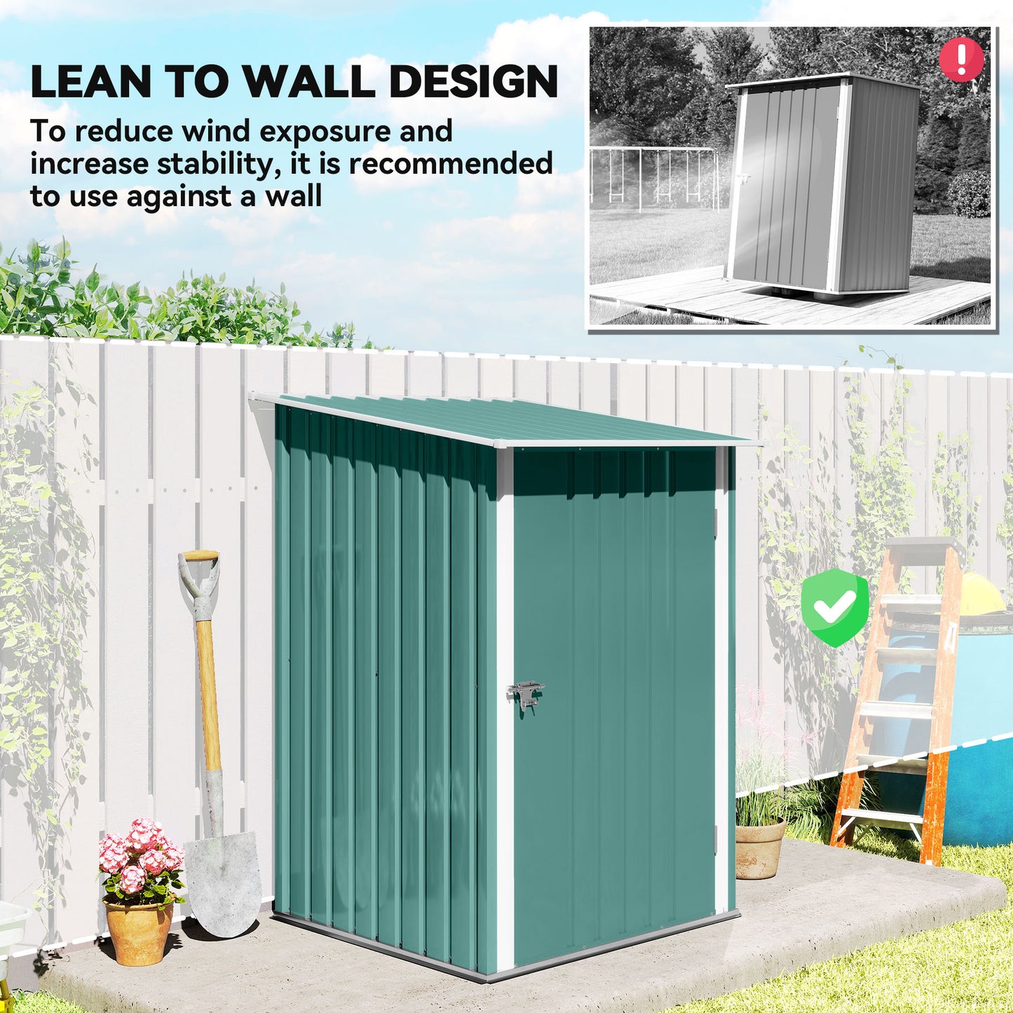 3.3 x 3.4ft Lean To Steel Garden Shed, with Locking Door - Green
