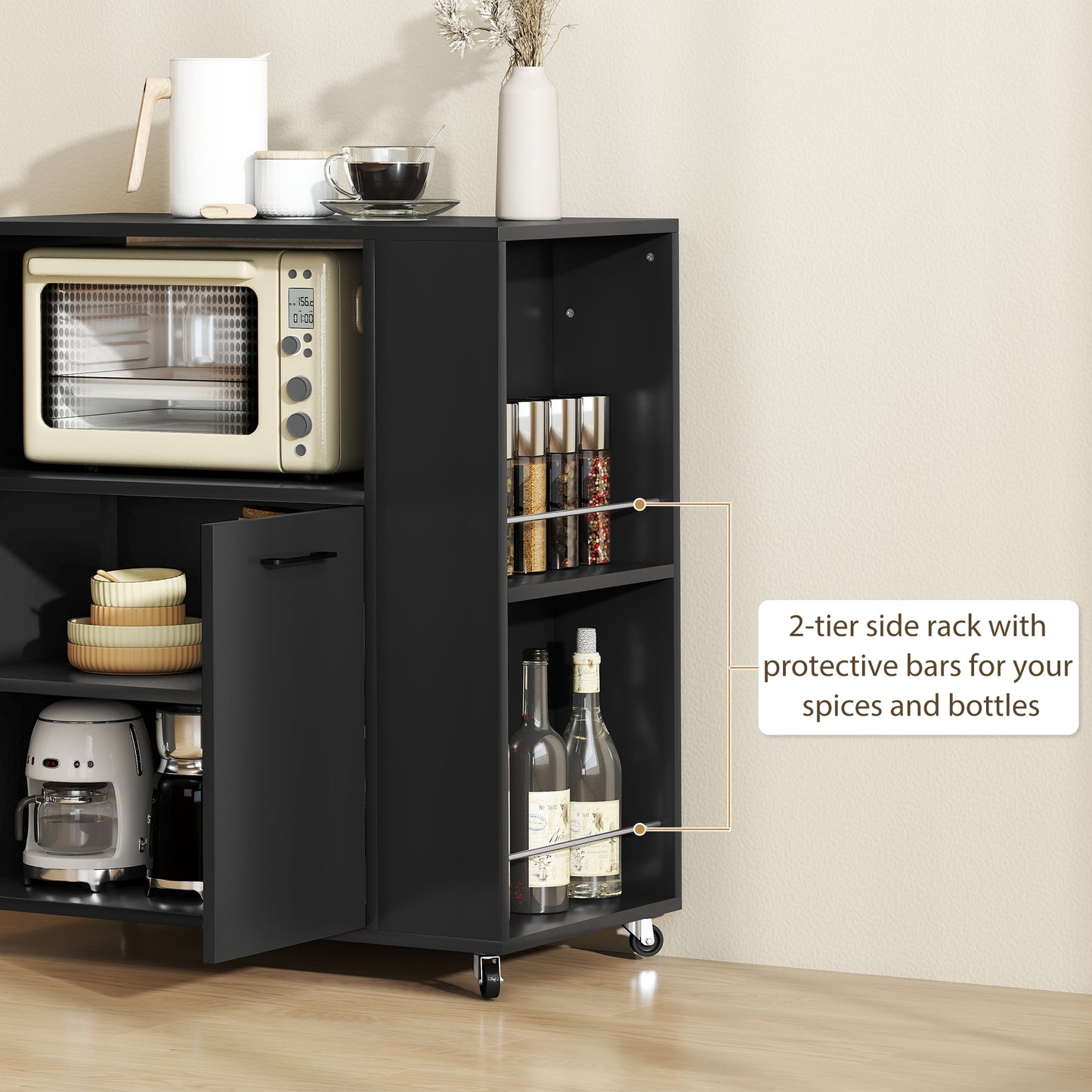 Kitchen Trolley on Wheels, Rolling Kitchen Island Cart with 2-Door Cabinet, Spice Rack and Adjustable Shelf, Black