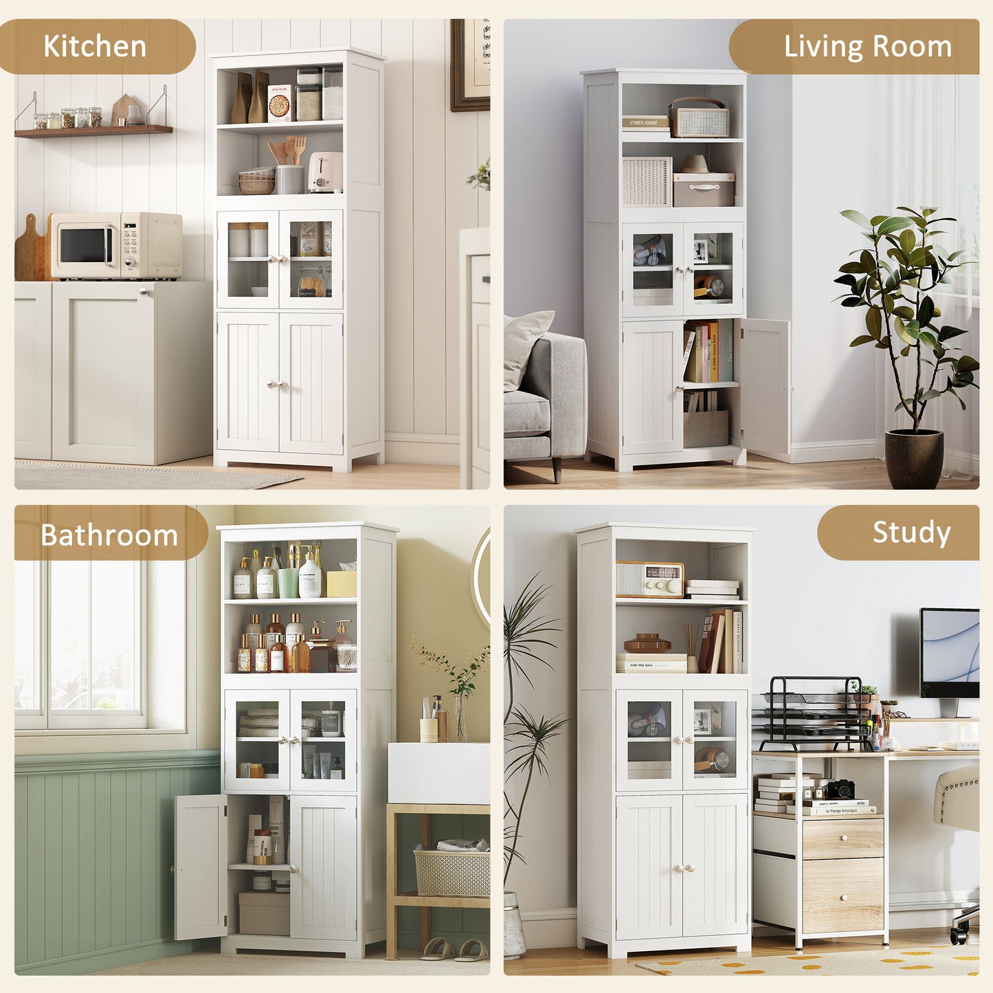 Freestanding Kitchen Cupboard, 4-Door Storage Cabinet with Adjustable Shelf and Glass Doors for Dining Room, Living Room