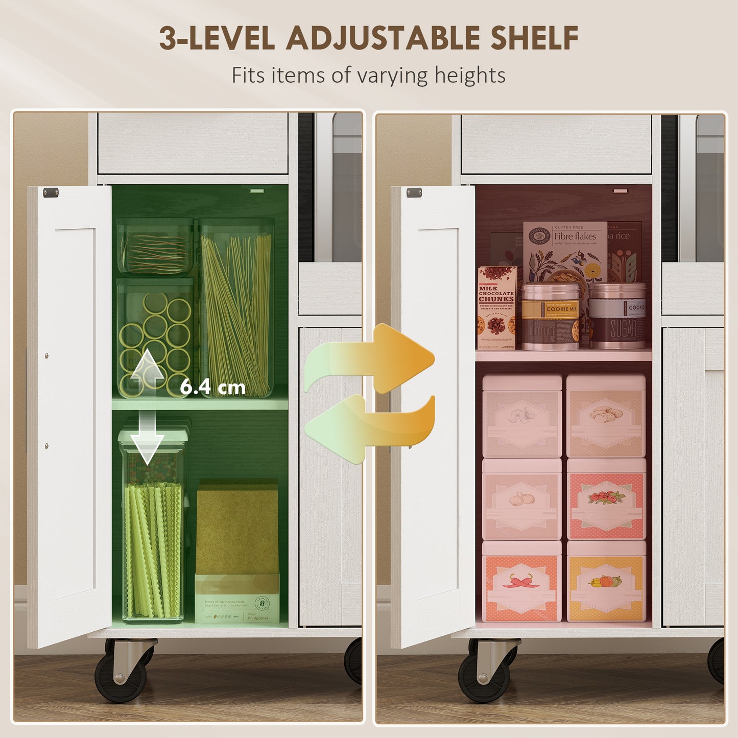 Rolling Kitchen Cart, Microwave Cabinet with Sliding Tray, Drawer, 3-Door Cupboards, Adjustable Shelf, White