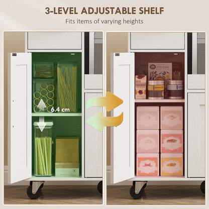 Rolling Kitchen Cart, Microwave Cabinet with Sliding Tray, Drawer, 3-Door Cupboards, Adjustable Shelf, White