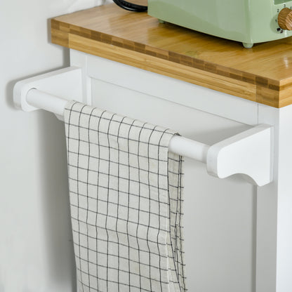 Kitchen Storage Trolley on Wheels with Bamboo Worktop, Rolling Kitchen Island Cart with Drawer and Towel Rack for Dining Room