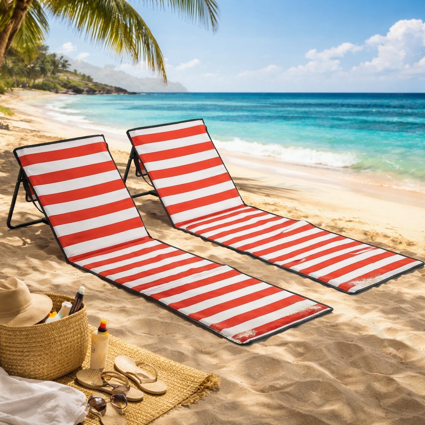 Set of 2 Foldable Garden Beach Chair Mat, Outdoor Sun Lounger Seats with Adjustable Back, Magazine Pocket, Carry Strap