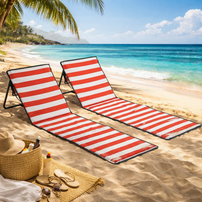 Set of 2 Foldable Garden Beach Chair Mat, Outdoor Sun Lounger Seats with Adjustable Back, Magazine Pocket, Carry Strap