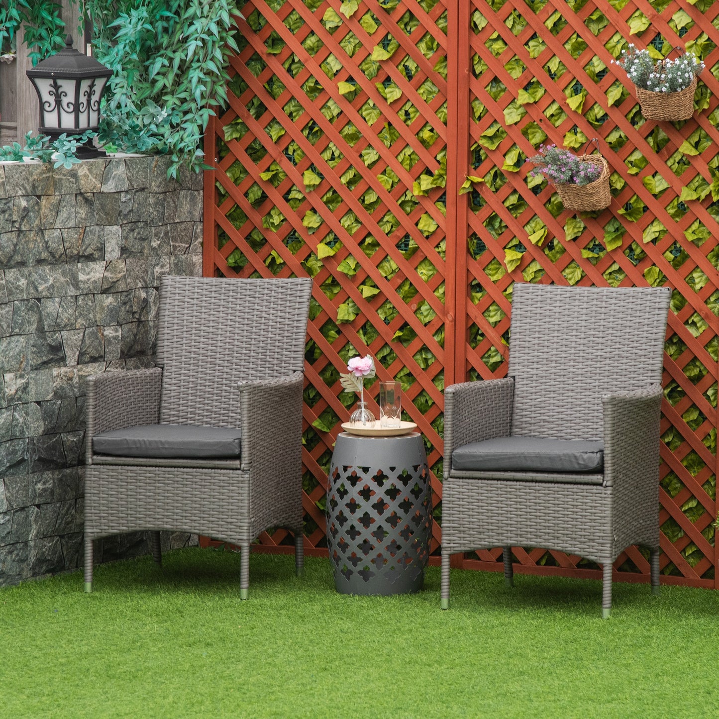 2 Pieces Outdoor PE Rattan Dining Chairs Set with Cushion, Garden Armchair with Armrests, High Backrest