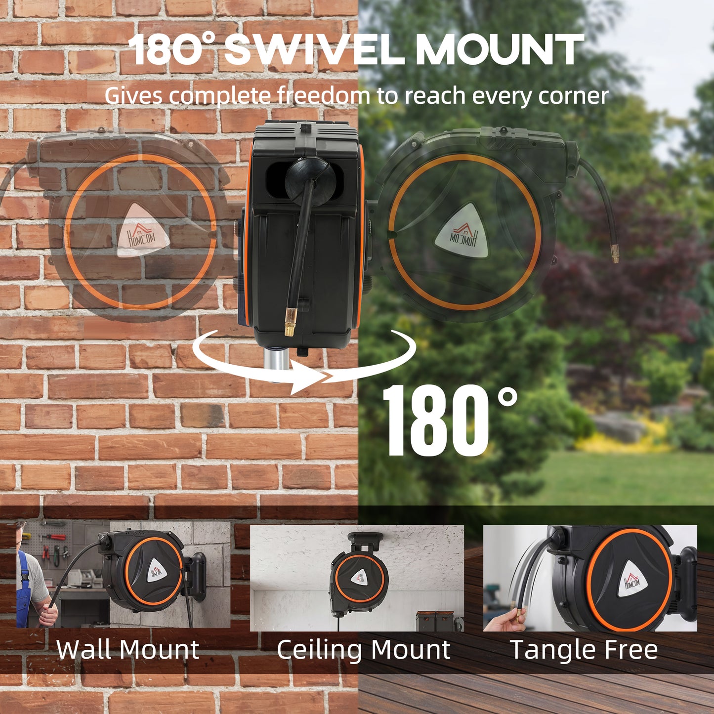 Auto Rewind Hose Reel, Retractable Air Hose Reel 15 m + 1.5 m, 150 Bar with 1/4" BSPT Connector, Black