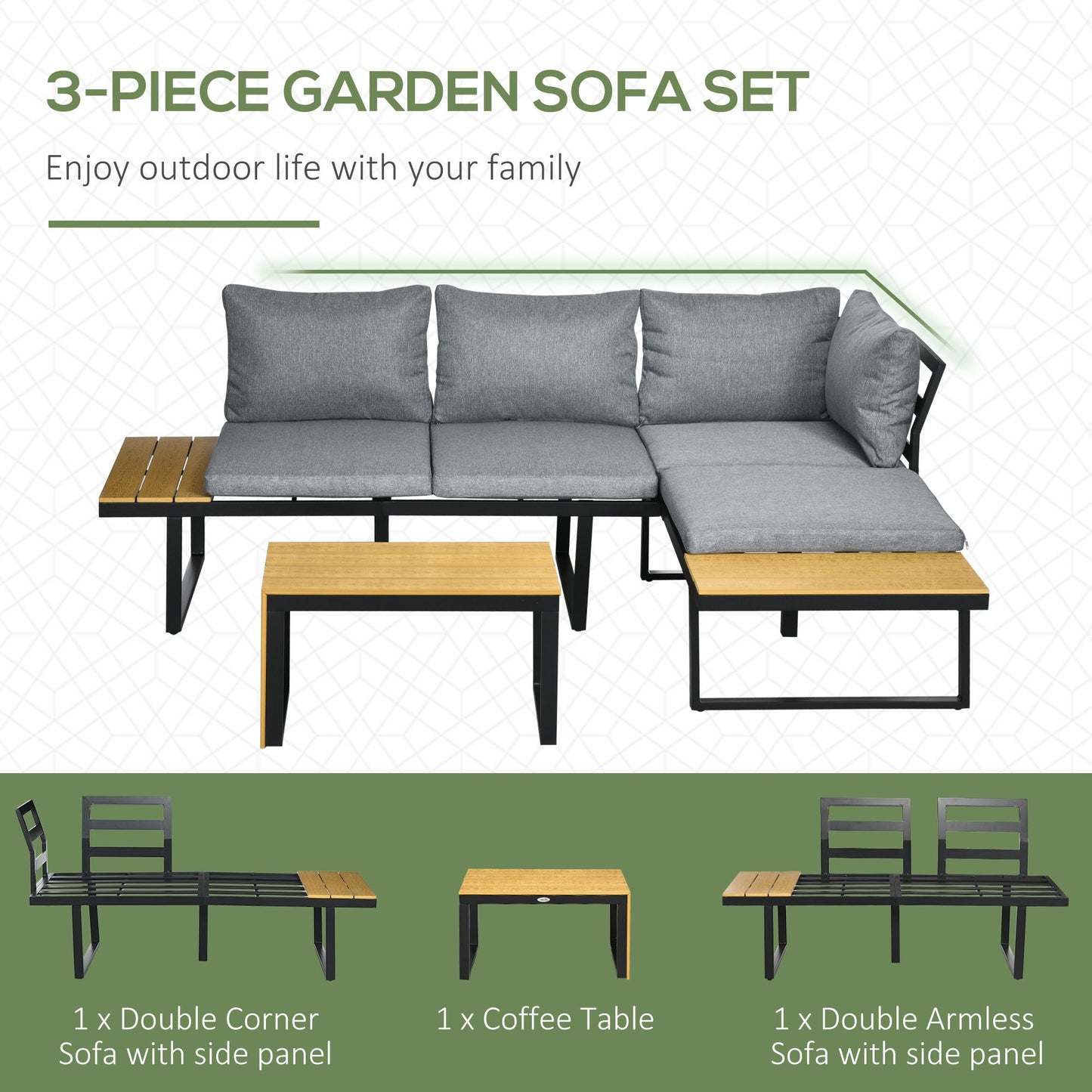 3 Pieces Patio Furniture Set, Outdoor Garden Sofa Conversation Set w/ Padded Cushions