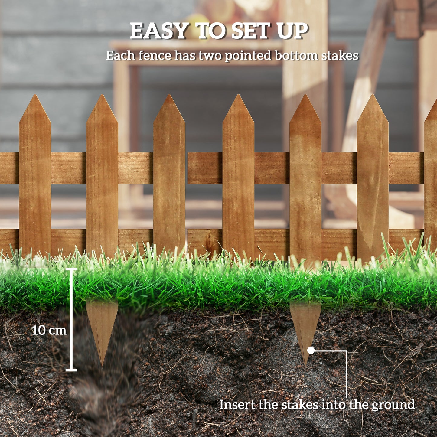 Pack of 12 Wooden Border Fences, Garden Fixed Picket Fence for Lawn Edging, Flowerbed, 60L x 1D x 34H cm, Brown