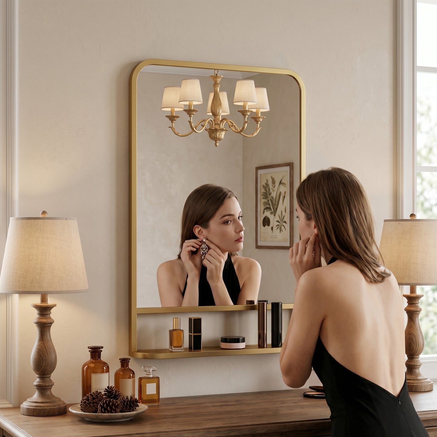Modern Rectangular Wall Mirror with Storage Shelf, 70 x 50 cm, Gold Tone