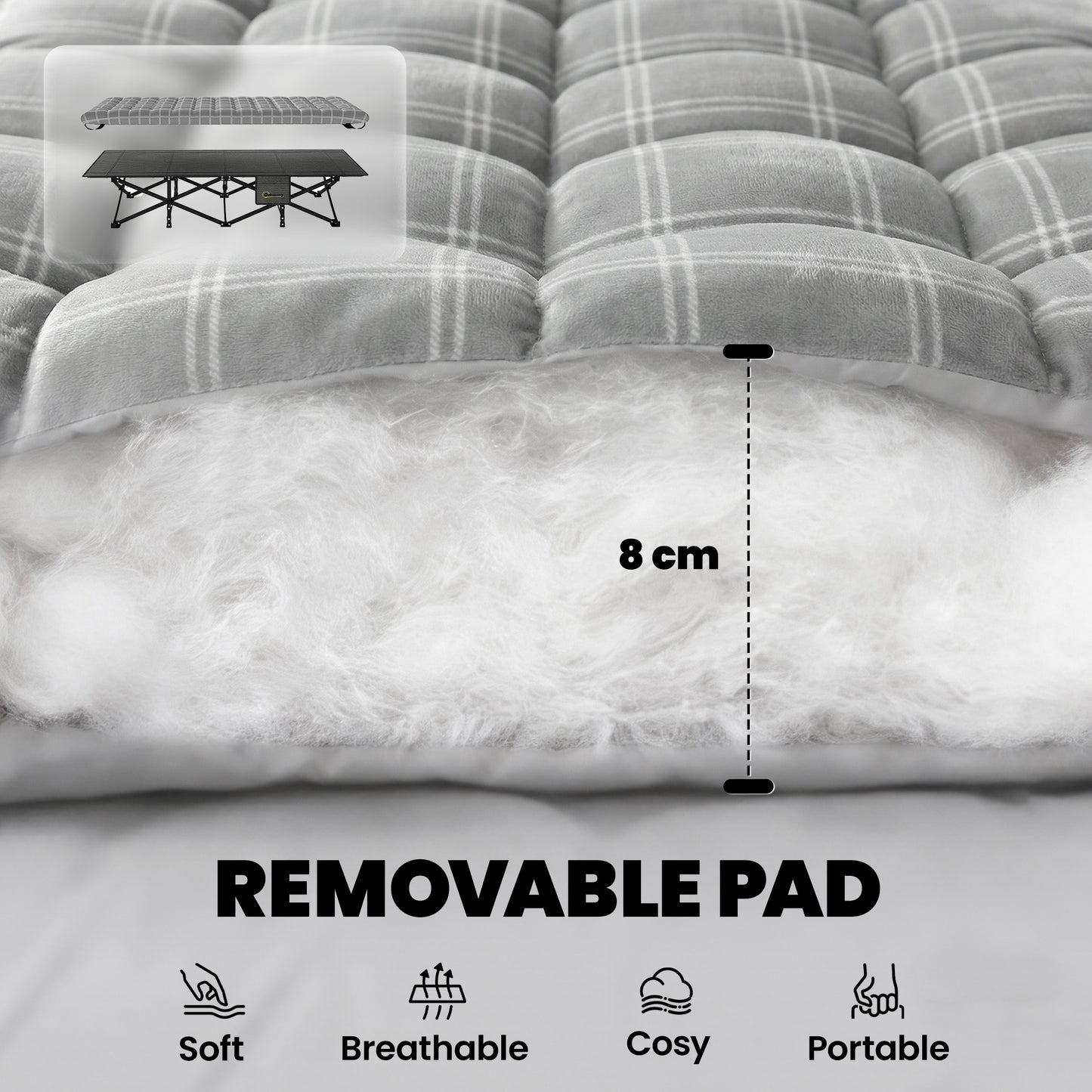 Camping Cot with Soft Pad, 80cm Extra Wide Folding Cots with Side Pocket and Carry Bag, Grey