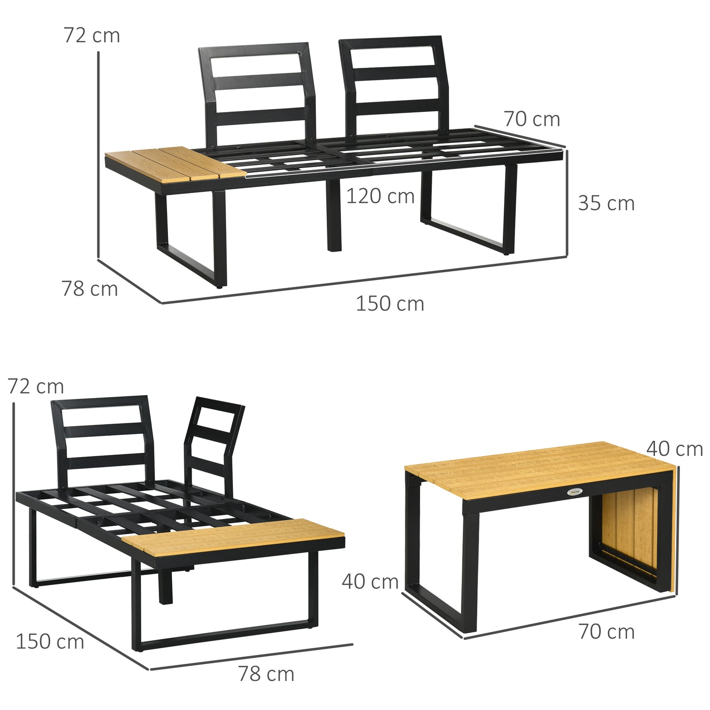 3 Pieces Patio Furniture Set, Outdoor Garden Sofa Conversation Set w/ Padded Cushions