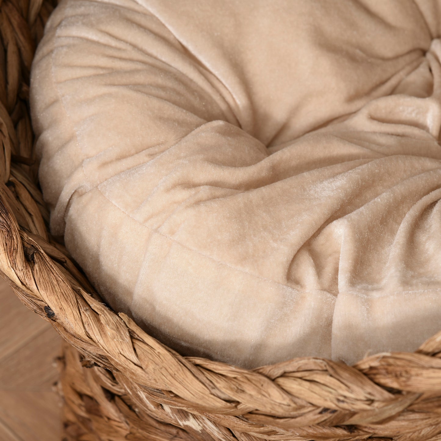 Woven Banana Leaf Elevated Cat Bed Wicker Kitten Basket Pet Den, House Cosy Cave with Soft Cushion Dome 50x42x60cm Brown