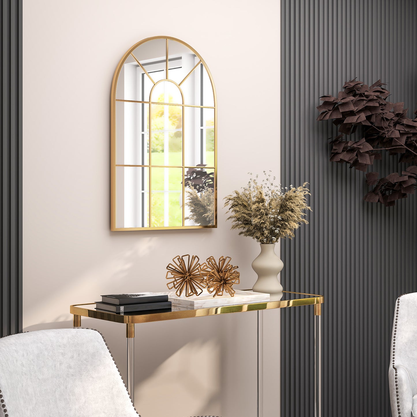 90 X 61cm Arched Grid Mirror - Gold Tone
