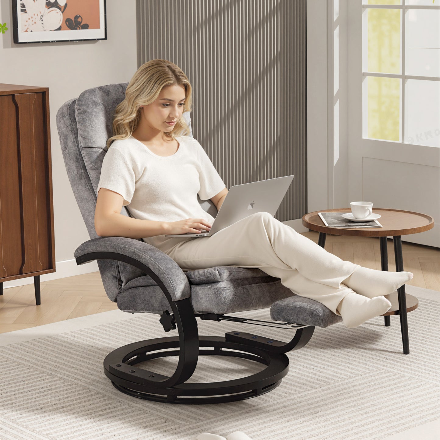 Swivel Recliner Chair with Footrest, Manual Recliner Armchair with Wooden Base