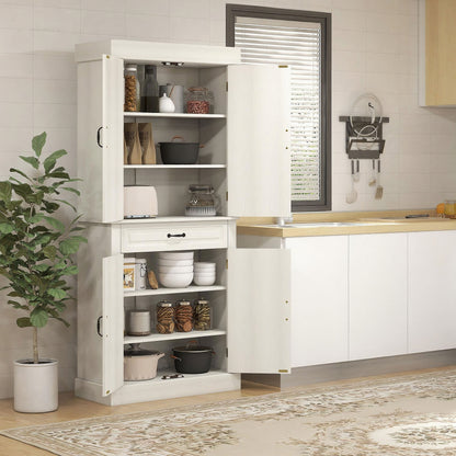 Tall Kitchen Cupboard, Kitchen Pantry Cabinet with 6 Shelves and Drawer, Cream White