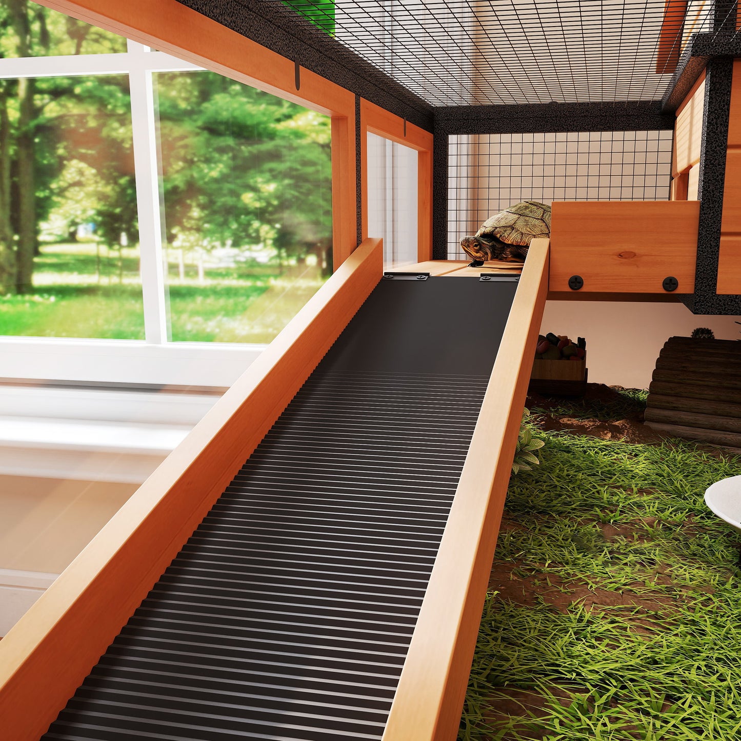 Wooden Tortoise House with Stand Legs, Clear Observation Windows, Ramps, Openable Top, Built-in Tray, Yellow