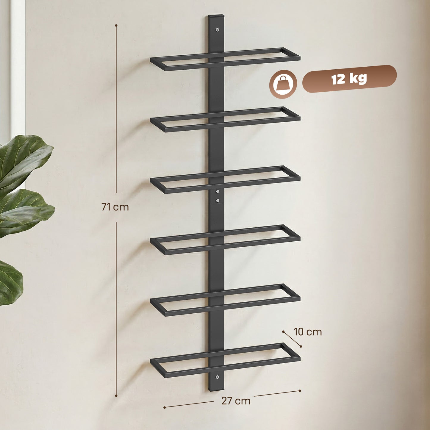 Wall Mounted Wine Rack, 6 Tier Metal Wine Display Rack, Storage Holder for Kitchen, Black