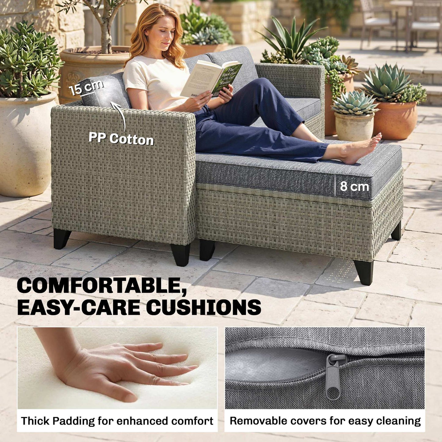 5-Piece Rattan Patio Furniture Set with Corner Sofa, Footstools, Coffee Table, for Poolside, Dark Grey