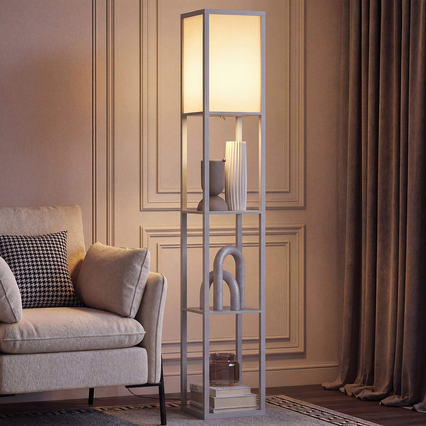 3-Tier Floor Lamp with Shelves and Storage, Modern Corner Standing Lamp with Lampshade, Foot Switch for Living Room, Bedroom