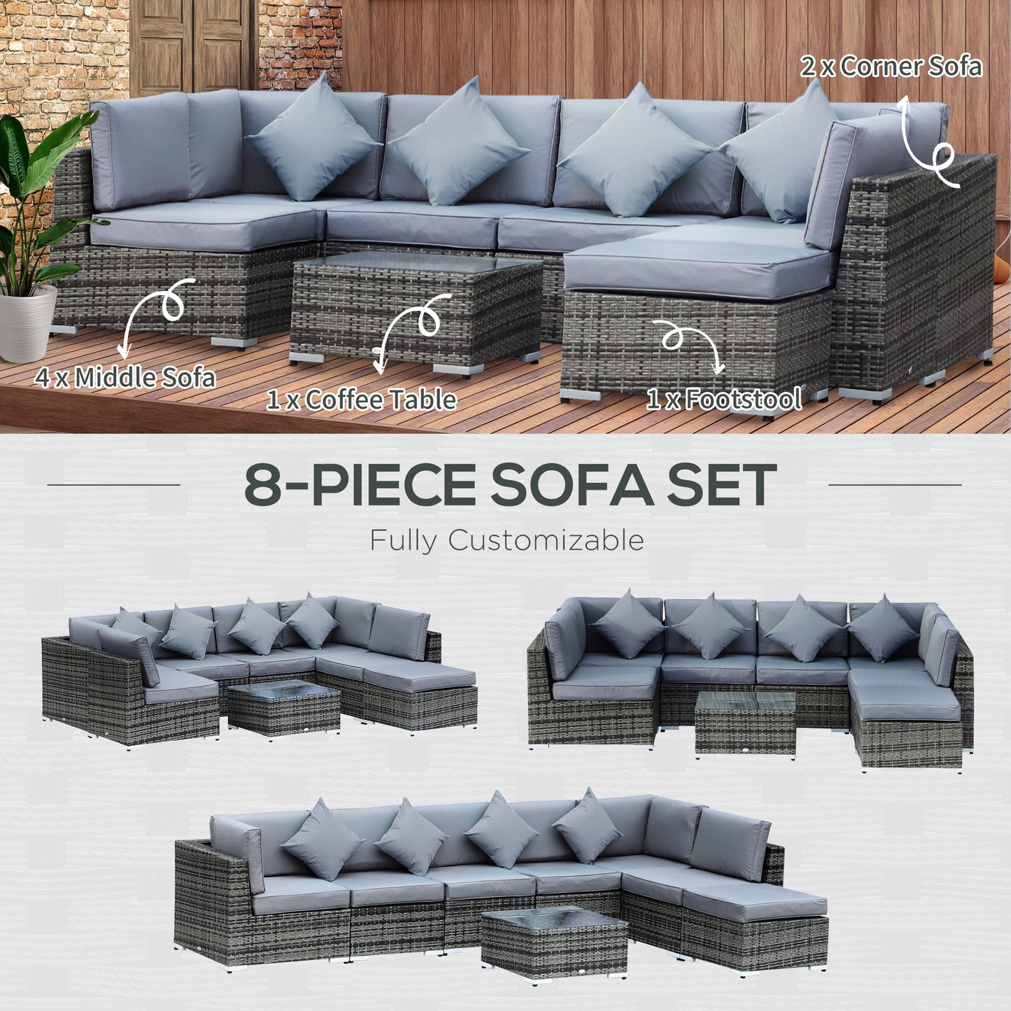 8 Piece Rattan Corner Sofa Set with Wide & Deep Seat, Assembled Aluminium PE Rattan Garden Furniture Set