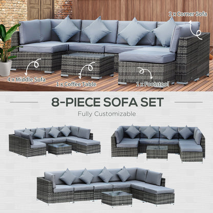 8 Piece Rattan Corner Sofa Set with Wide & Deep Seat, Assembled Aluminium PE Rattan Garden Furniture Set