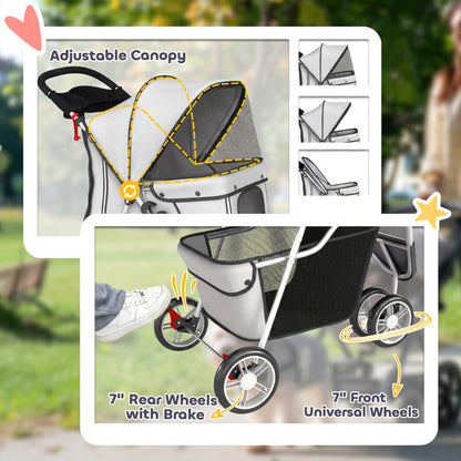 Dog Stroller, 3 Wheels Foldable Pet Stroller with Adjustable Canopy, Storage Basket for Small Mini Breeds, Grey