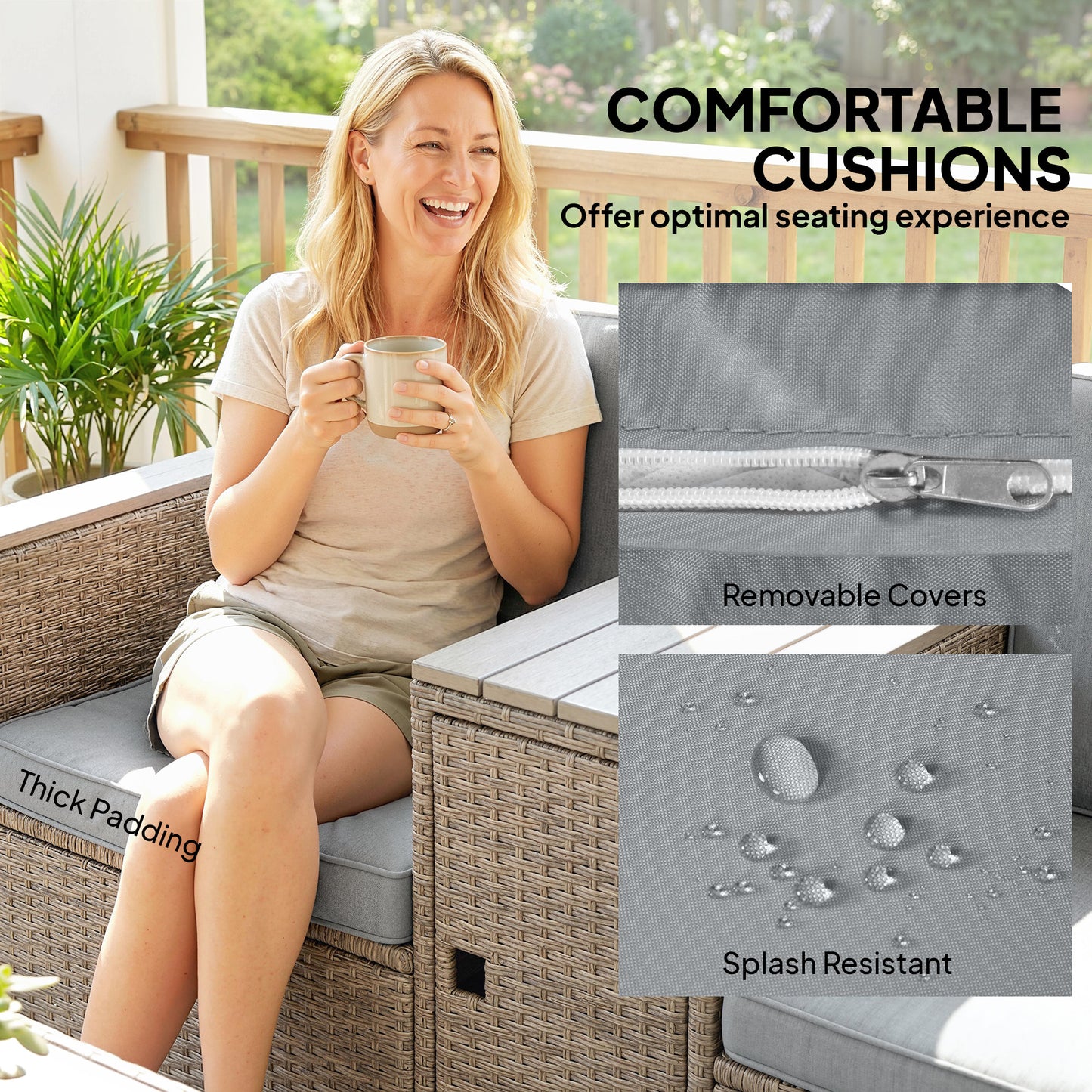 5 Piece Rattan Garden Furniture Set with Storage Table, Footstools, Cushions, Dark Grey