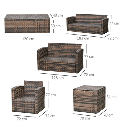 6 Pieces Rattan Garden Furniture Set, 7 Seater Wicker Outdoor Furniture Set with Storage Tea Table & Side Table