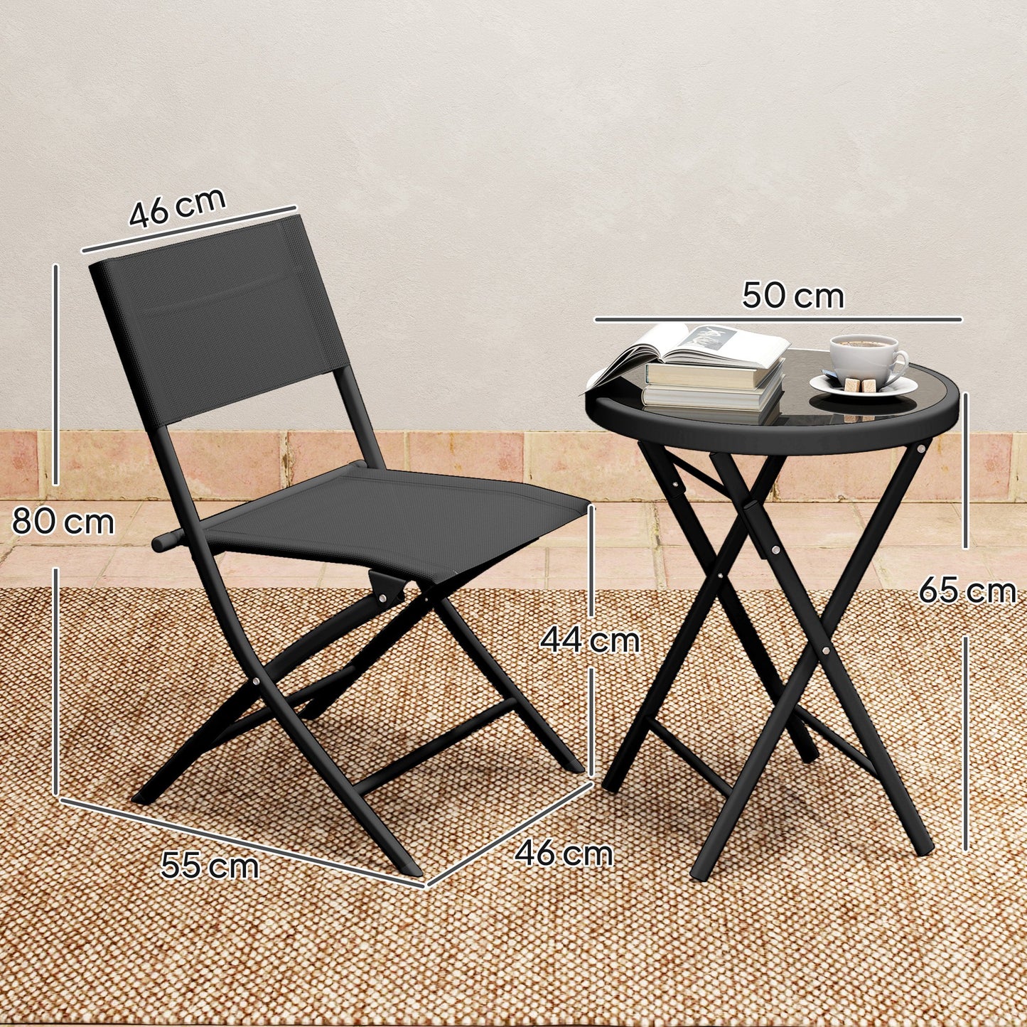 3 Pieces Outdoor Bistro Set, Glass Top Outdoor Table and 2 Folding Chairs with Protecting Feet, Black