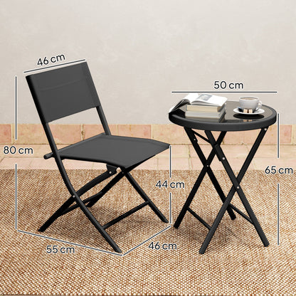 3 Pieces Outdoor Bistro Set, Glass Top Outdoor Table and 2 Folding Chairs with Protecting Feet, Black
