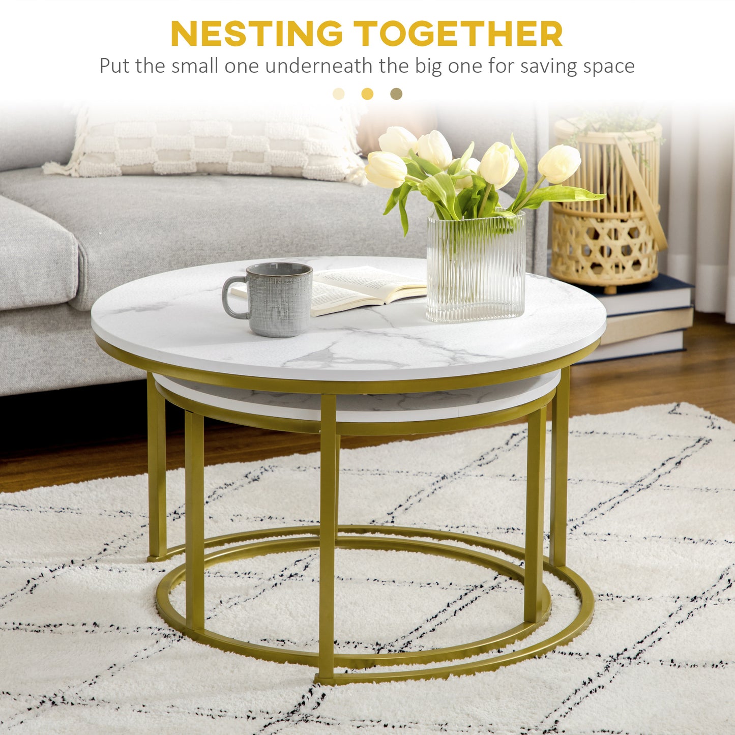 Coffee Table Set of 2, Round Nest of Tables with Metal Frame, Modern Side Tables for Living Room, White