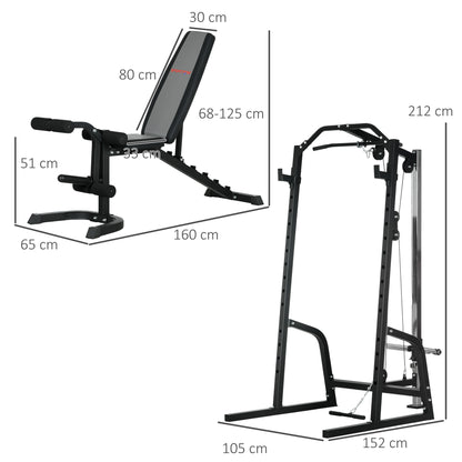 Smith Machine & Cable Pulley System with Adjustable Weight Bench, Multifunction Home Gym Power Rack