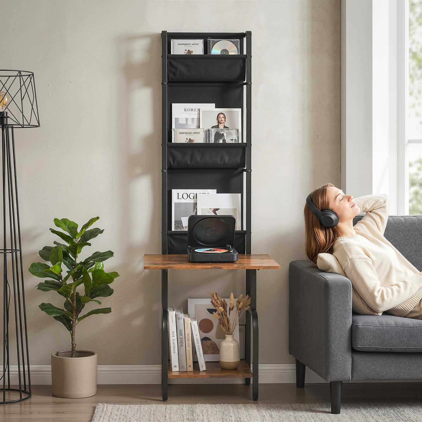 Vinyl Record Player Stand Record Storage with Player Stand Oxford Fabric Pockets Bottom Shelf Rustic Brown and Black