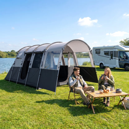 4 Person Camping Tent, Waterproof Family Tent, Tunnel Design, 4 Large Windows, Sleeping Cabins 3000mm Water Column Grey