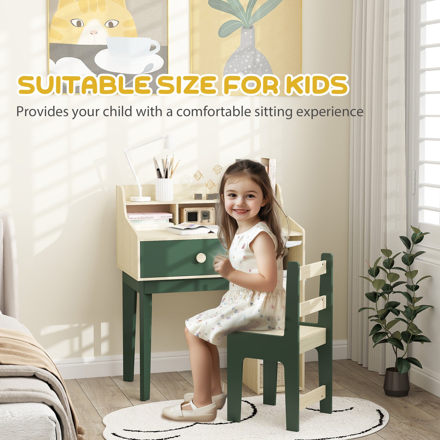 Kids Desk and Chair Set with Storage Shelves and Drawer, Green