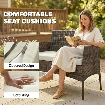 4 Piece Rattan Garden Furniture Sofa Set with Loveseat, Armchairs, Glass-Top Coffee Table and Cushions, Brown